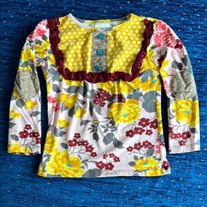 Persnickety Yellow and Pink Floral Long Sleeve Tee with buttons and ruffles